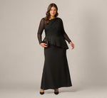 Plus Size Knit Crepe Combo Mesh Gown In Black 1
