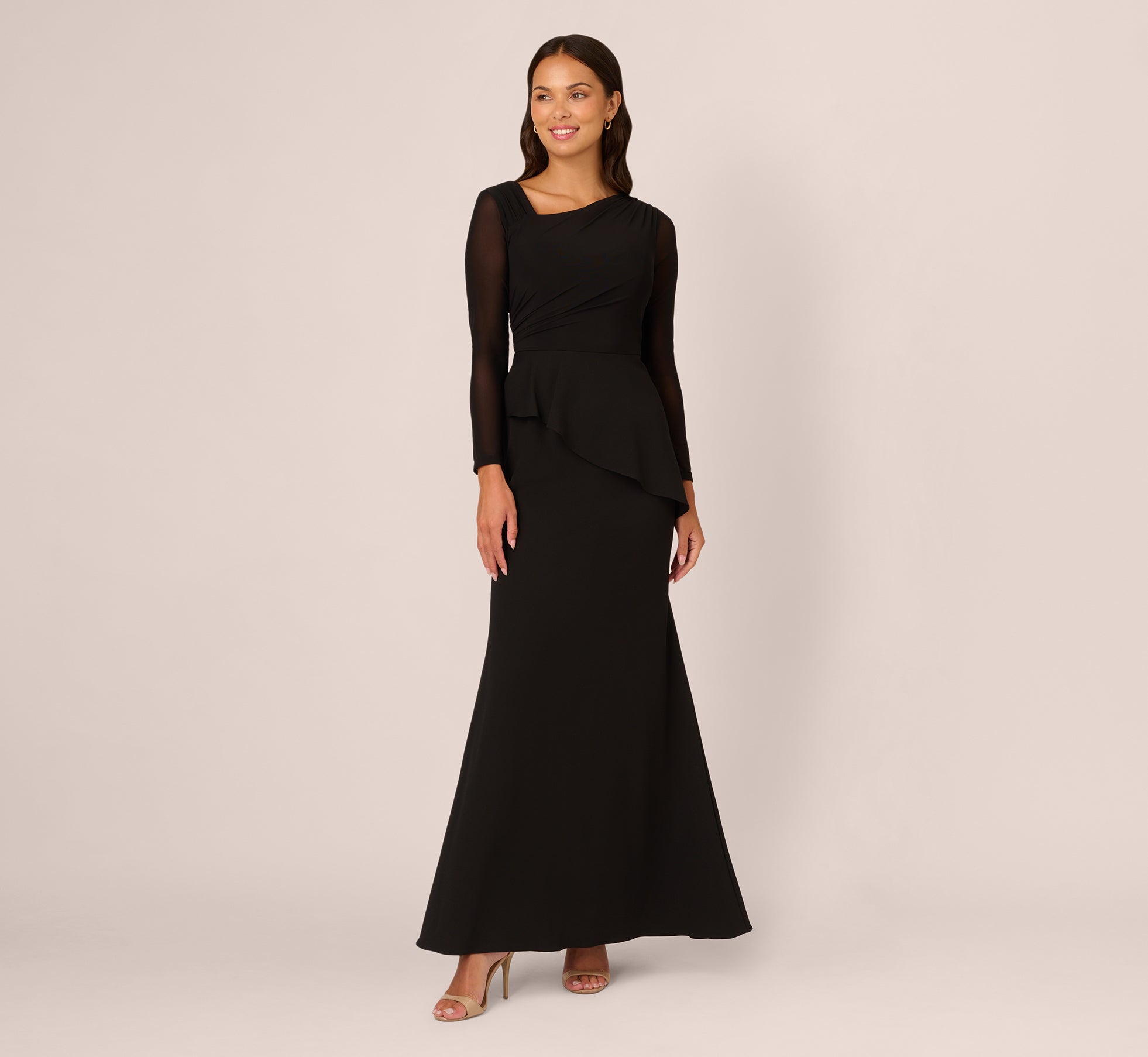 Black Knit Crepe Combo Mesh Gown - Adrianna Papell Black Knit Crepe Combo Mesh Gown - Adrianna Papell