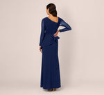 Knit Crepe Combo Mesh Gown In Navy Sateen 5