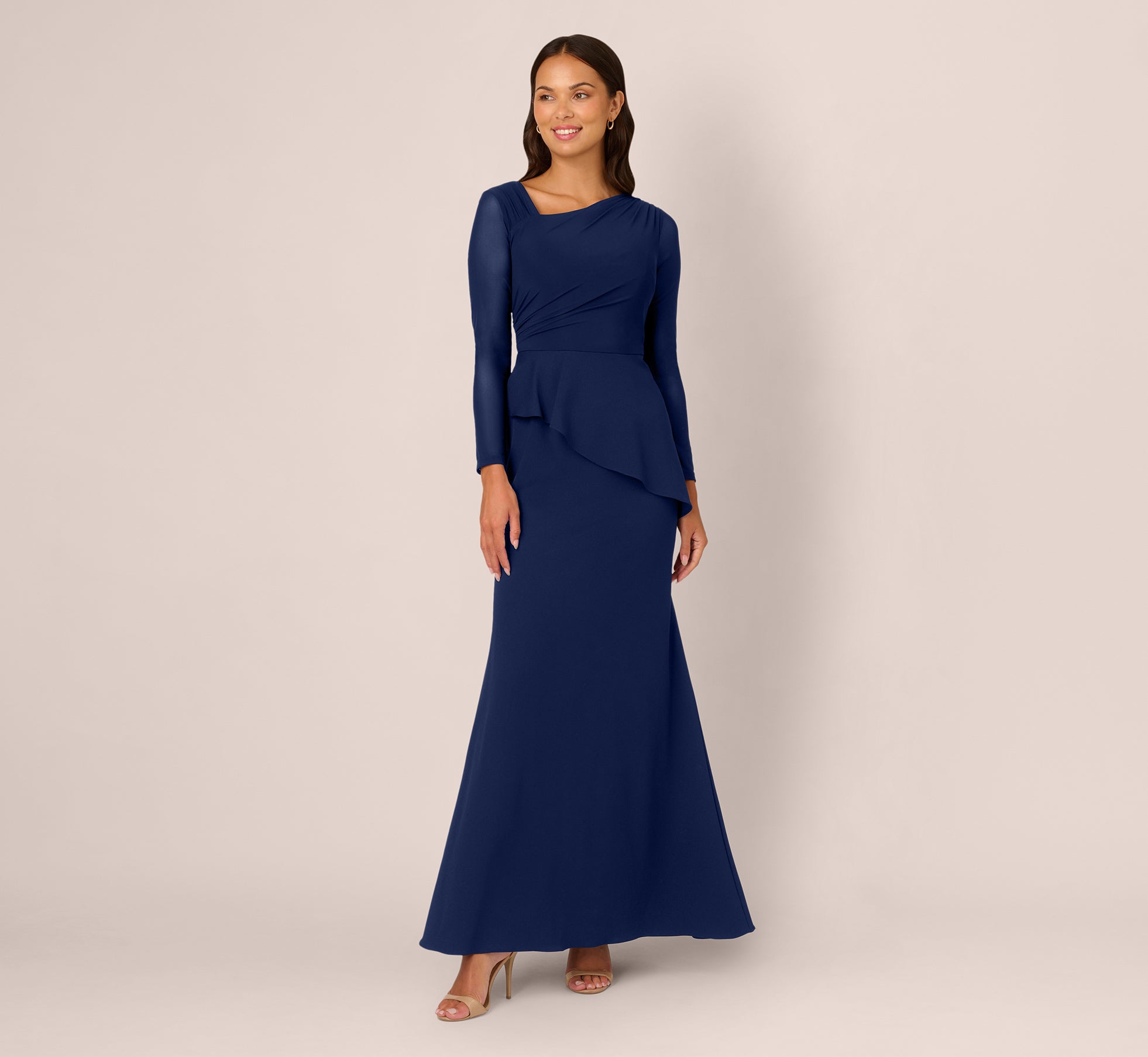 Adrianna Papell Knit Crepe Combo Mesh Gown - Navy Sateen Adrianna Papell Knit Crepe Combo Mesh Gown - Navy Sateen