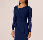 Knit Crepe Combo Mesh Gown In Navy Sateen 4