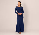 Knit Crepe Combo Mesh Gown In Navy Sateen 1