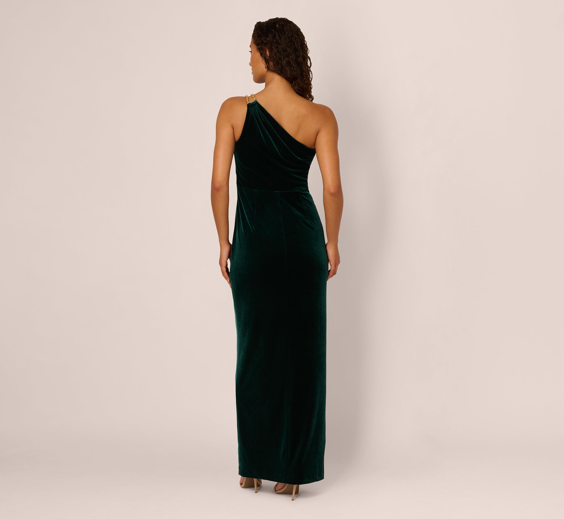 Dark Green One Shoulder Draped Velvet Gown With Chain Accent