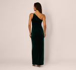 One Shoulder Draped Velvet Gown With Chain Accent In Emerald 5