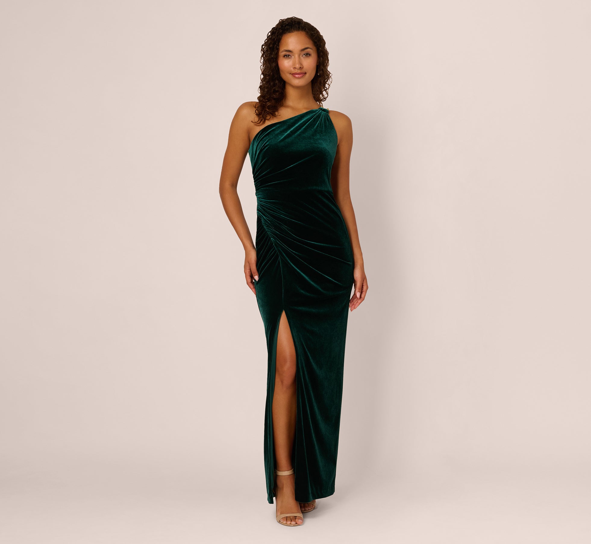 One Shoulder Draped Velvet Gown With Chain Accent In Emerald One Shoulder Draped Velvet Gown With Chain Accent In Emerald