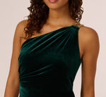 One Shoulder Draped Velvet Gown With Chain Accent In Emerald 3
