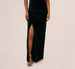 One Shoulder Draped Velvet Gown With Chain Accent In Emerald 4