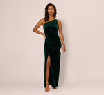 One Shoulder Draped Velvet Gown With Chain Accent In Emerald 1