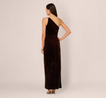 One Shoulder Draped Velvet Gown With Chain Accent In Dark Brown 5