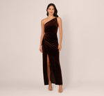 One Shoulder Draped Velvet Gown With Chain Accent In Dark Brown 2