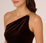One Shoulder Draped Velvet Gown With Chain Accent In Dark Brown 3