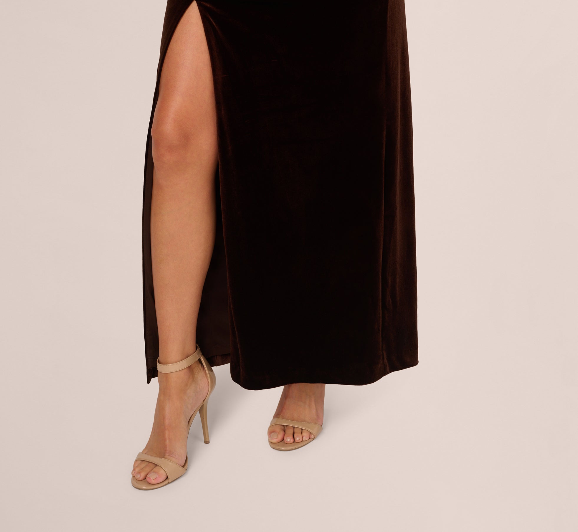 Dark Brown One Shoulder Draped Velvet Gown With Chain Accent