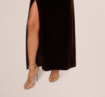 One Shoulder Draped Velvet Gown With Chain Accent In Dark Brown 4