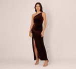 One Shoulder Draped Velvet Gown With Chain Accent In Dark Brown 1