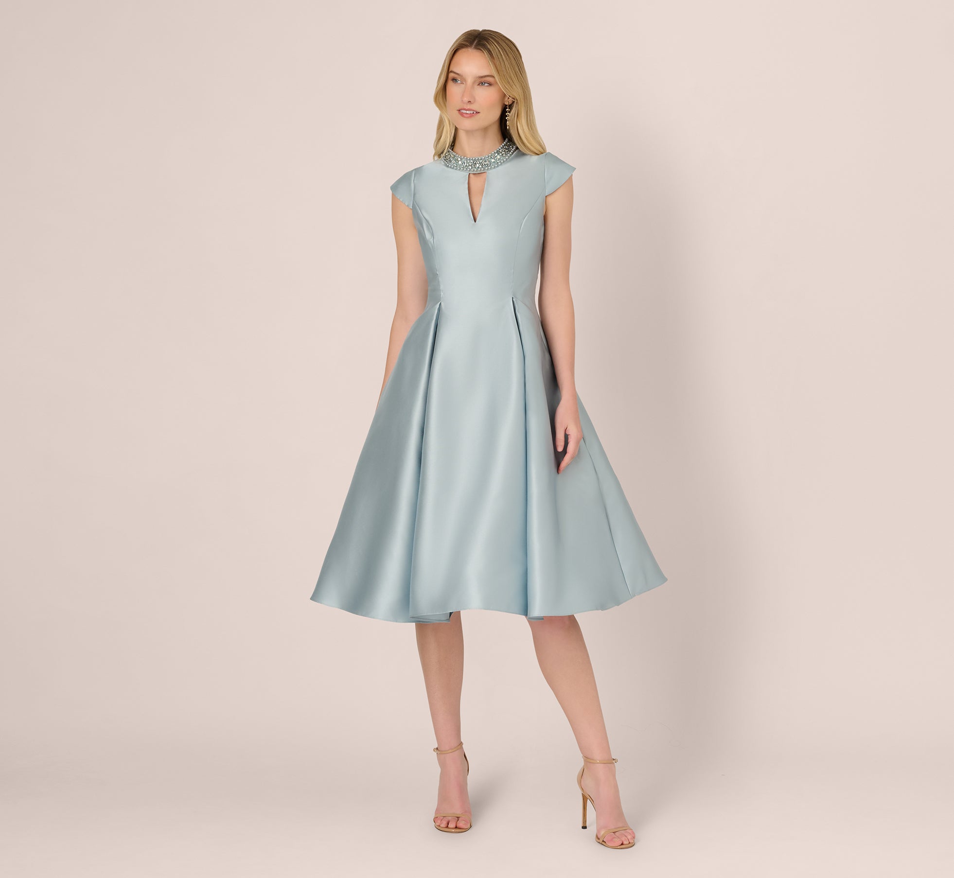 Key Hole Mikado Cap Sleeve Midi Dress In Aqua Dust