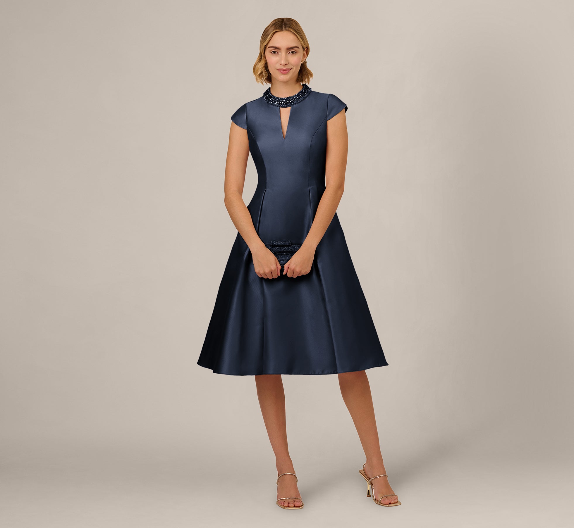 Key Hole Mikado Cap Sleeve Midi Dress In Midnight 1