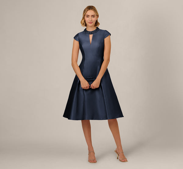 Navy Key Hole Mikado Cap Sleeve Midi Dress - Adrianna Papell