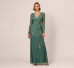 Long Sleeve Beaded Full Length Dress In Green Slate 2