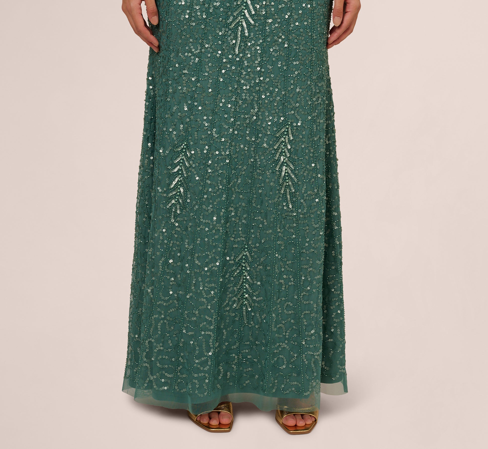 Green Long Sleeve Beaded Full Length Dress - Adrianna Papell Green Long Sleeve Beaded Full Length Dress - Adrianna Papell