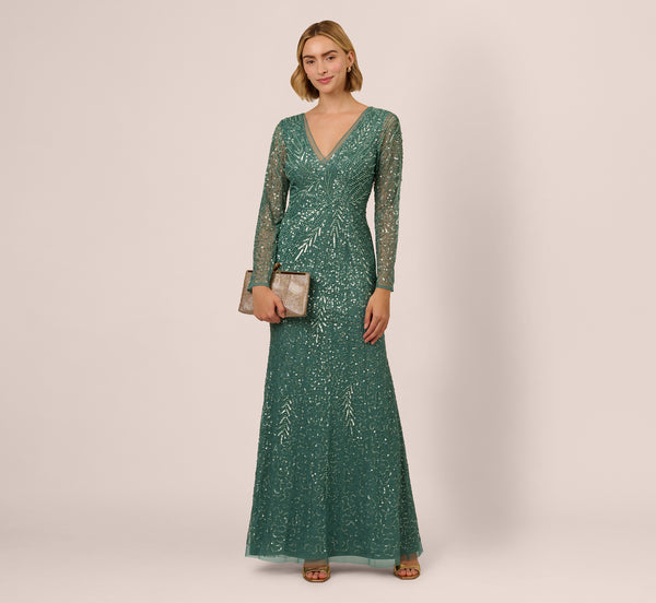 Adrianna Papell Womens Long Beaded Evening Dress Green 4