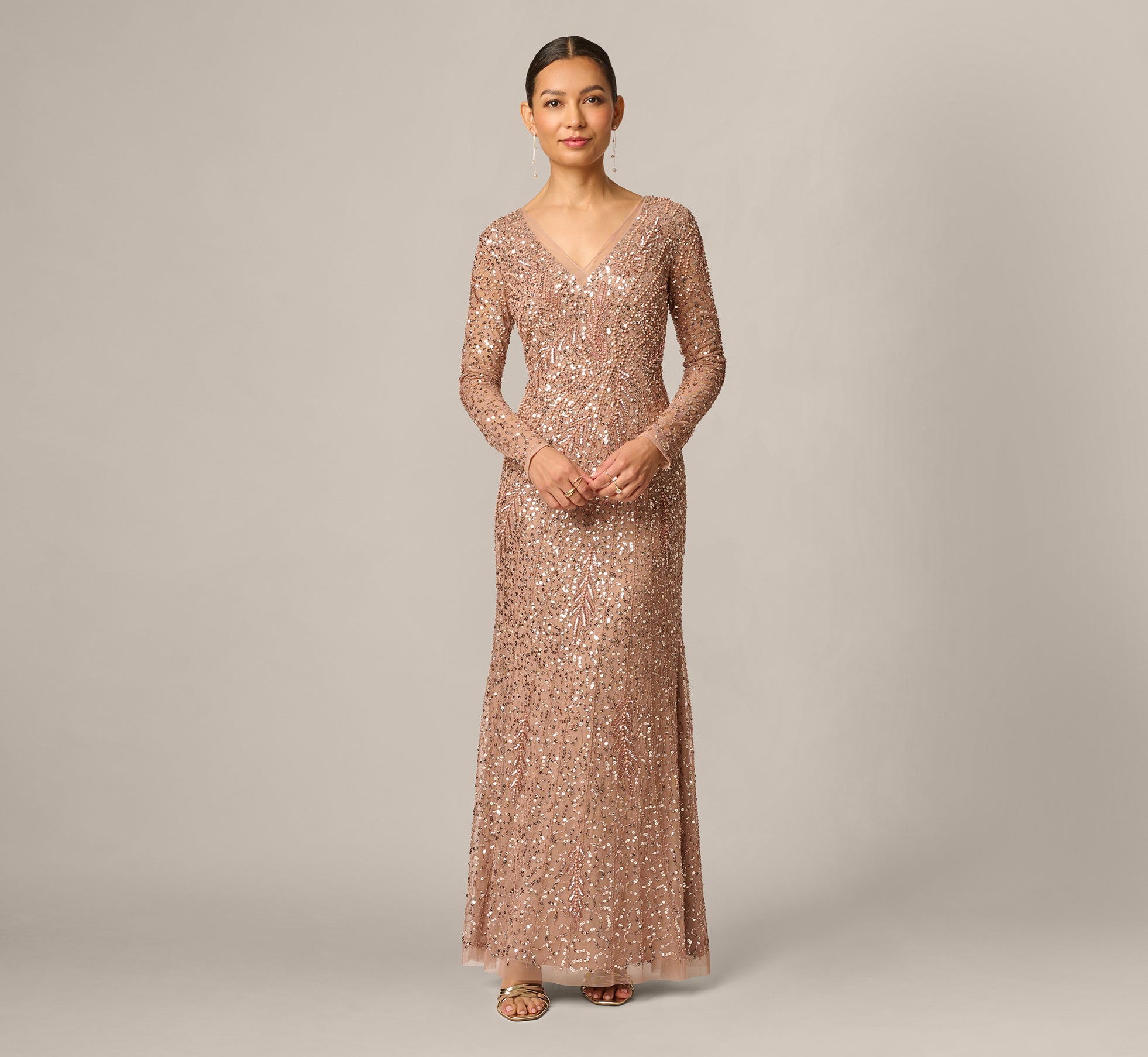 petite evening dress with sleeves Sl Fashions Flutter-Sleeve Embellished Glitter Gown - Navy it blends sophistication with a modern edge Alex Evenings Portrait Collar Glitter
