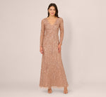 Petite Long Sleeve Beaded Full Length Dress In Rose Gold 2