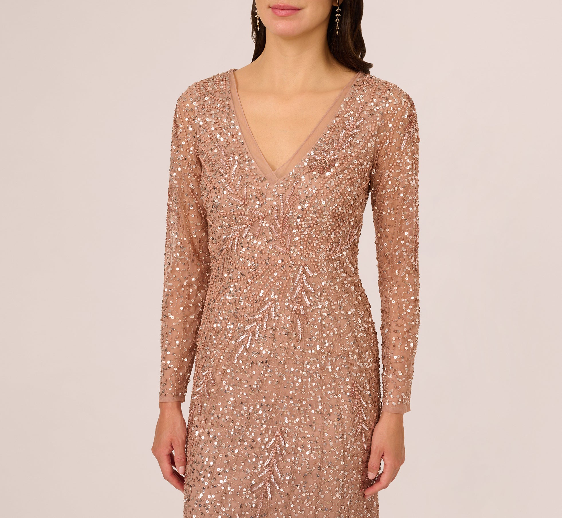 rose gold dress with sleeves Pink Petite Long Sleeve Beaded Full Length Dress