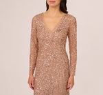 Petite Long Sleeve Beaded Full Length Dress In Rose Gold 3