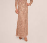 Petite Long Sleeve Beaded Full Length Dress In Rose Gold 4