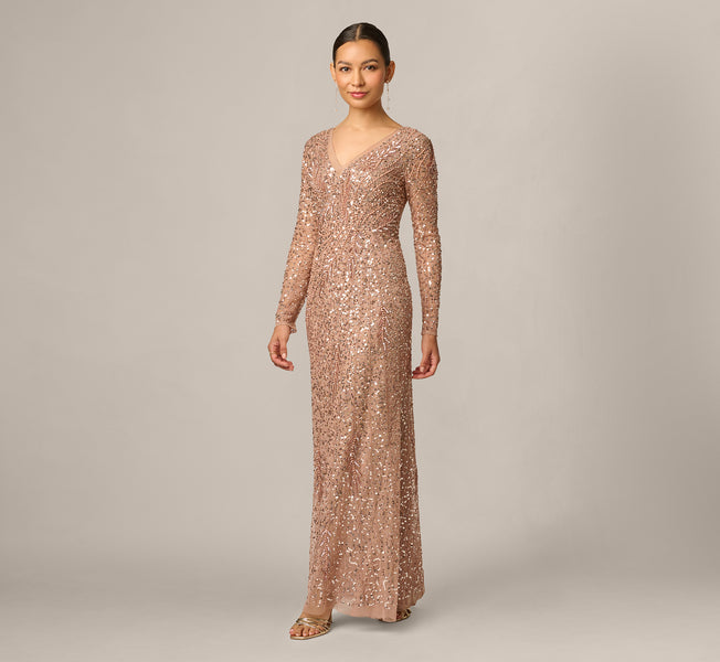 Adrianna Papell Petite V-Neck Beaded Dress - Rose Gold