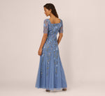 Square Neck Short Sleeve Beaded Godet Gown In French Blue 5