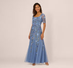 Square Neck Short Sleeve Beaded Godet Gown In French Blue 2