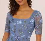 Square Neck Short Sleeve Beaded Godet Gown In French Blue 3