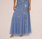 Square Neck Short Sleeve Beaded Godet Gown In French Blue 4