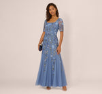 Square Neck Short Sleeve Beaded Godet Gown In French Blue 1