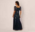 Square Neck Short Sleeve Beaded Godet Gown In Midnight Multi 5