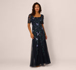 Square Neck Short Sleeve Beaded Godet Gown In Midnight Multi 2