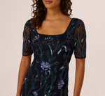 Square Neck Short Sleeve Beaded Godet Gown In Midnight Multi 3