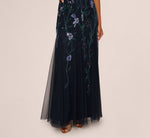 Square Neck Short Sleeve Beaded Godet Gown In Midnight Multi 4