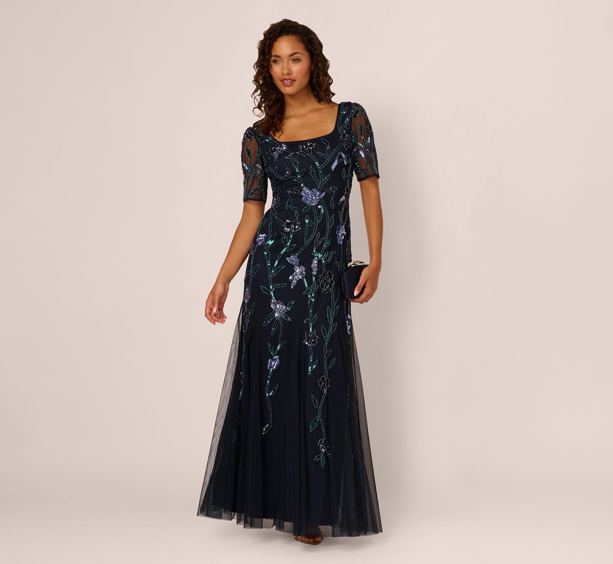 Knee Length Floral Beaded Godet Gown Adrianna Papell Dresses With Sleeves Short Sleeve Vine Beaded Godet Knee Length Floral Beaded Godet Gown Adrianna Papell Dresses With Sleeves Short Sleeve Vine Beaded Godet