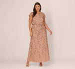 Plus Size Blouson Short Sleeve Beaded Long Dress In Rose Gold 2
