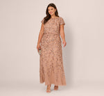 Plus Size Blouson Short Sleeve Beaded Long Dress In Rose Gold 1