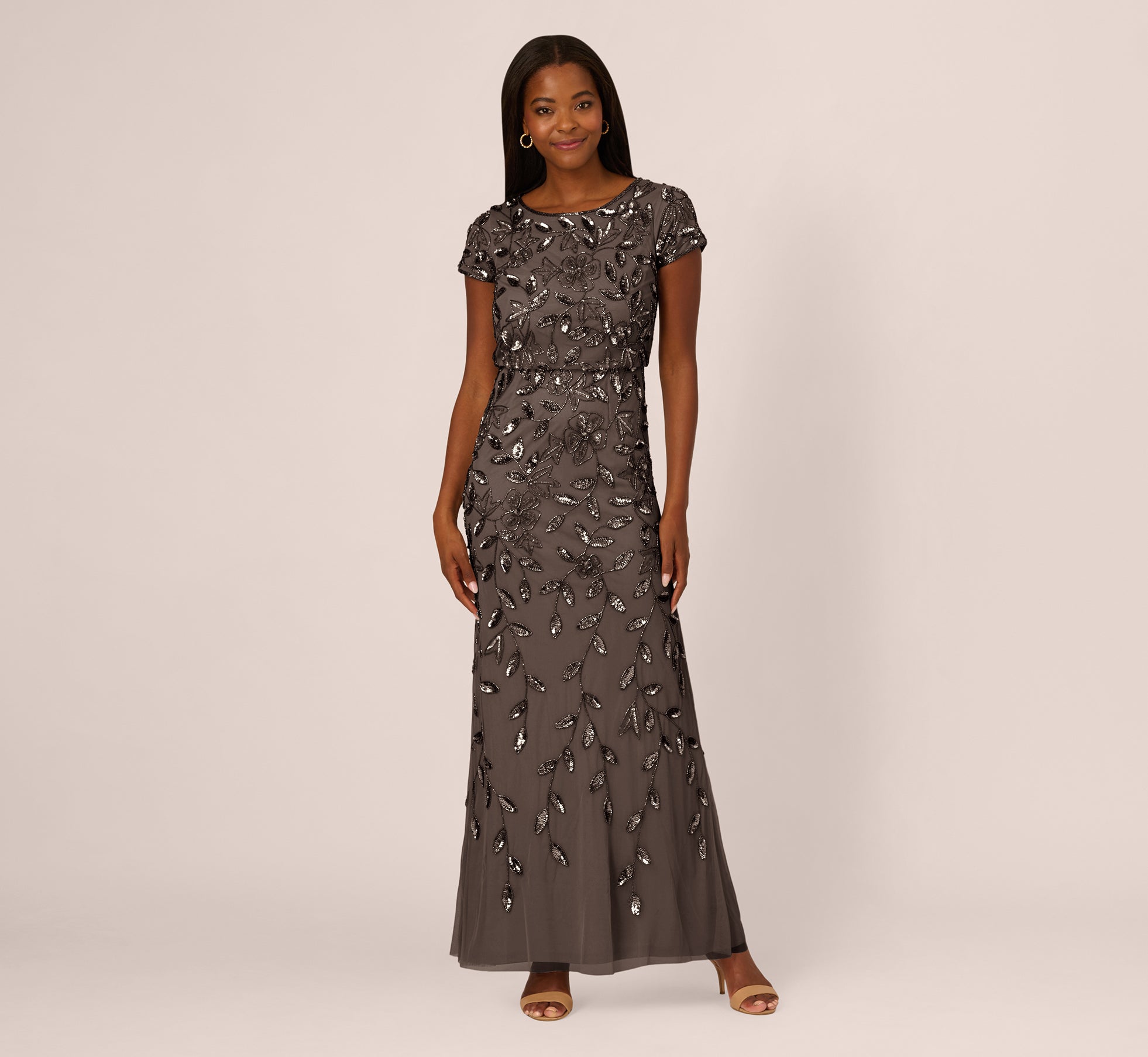 Grey Blouson Short Sleeve Beaded Long Dress - Adrianna Papell Grey Blouson Short Sleeve Beaded Long Dress - Adrianna Papell