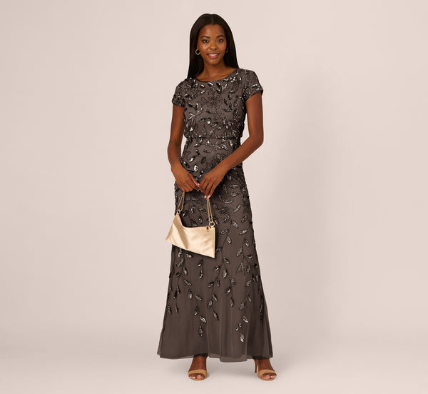 Adrianna Papell Blouson Short Sleeve Beaded Long Dress - Lead Adrianna Papell Blouson Short Sleeve Beaded Long Dress - Lead