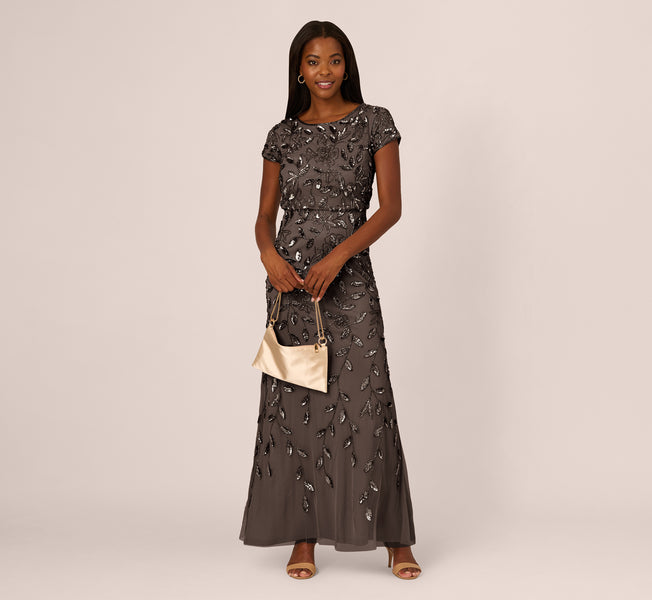 white christmas dresses Blouson Short Sleeve Beaded Long Dress In Lead