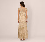 Cap Sleeve Floral Embroidered Illusion Godet Gown In Champagne 5