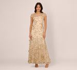 Cap Sleeve Floral Embroidered Illusion Godet Gown In Champagne 2
