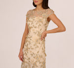 Cap Sleeve Floral Embroidered Illusion Godet Gown In Champagne 3