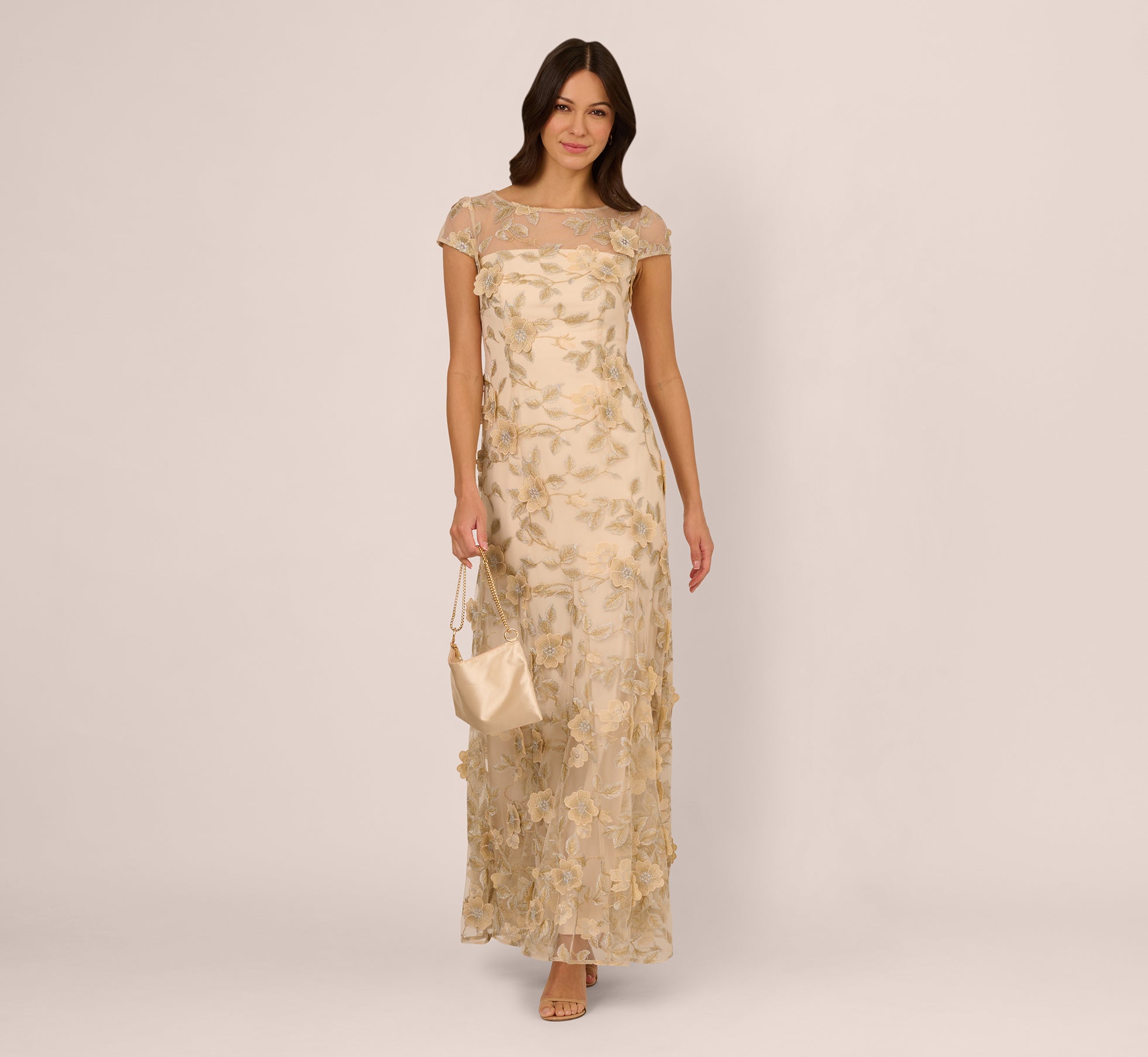Cap Sleeve Floral Embroidered Illusion Godet Gown In Champagne 1