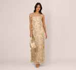 Cap Sleeve Floral Embroidered Illusion Godet Gown In Champagne 1